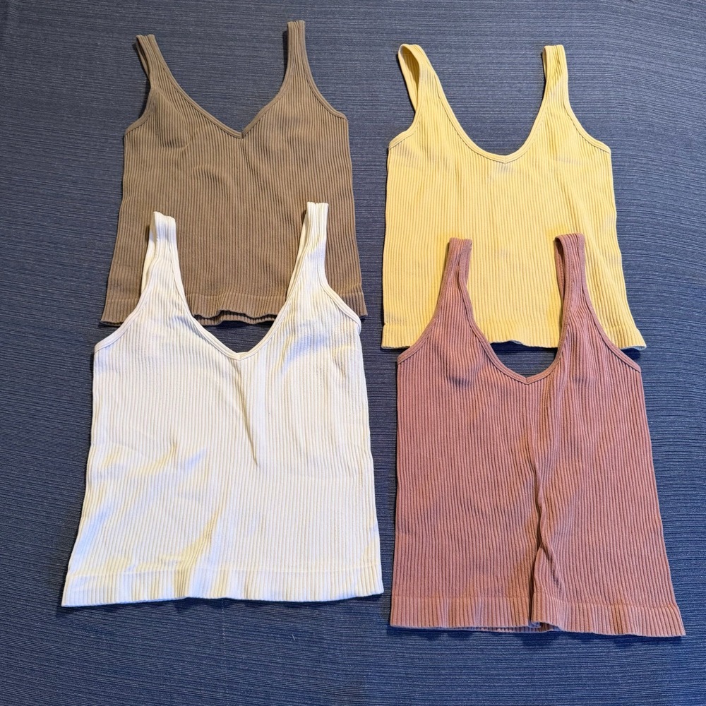 Aura Women Ribbed Seamless V-Neck Tank Top Bundle 4 Pack L/XL White Tan Yellow